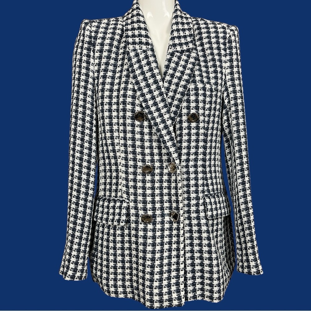 Elie Tahari Navy Blue and White Double Breasted Tweed Blazer Size 12